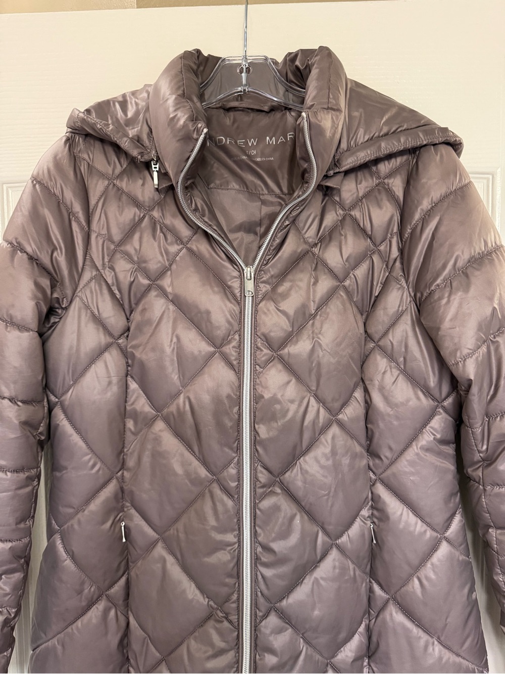 Andrew Marc Quilted Long Puffer Coat Size S Metallic Taupe Mauve Hooded Zip - Picture 2 of 11